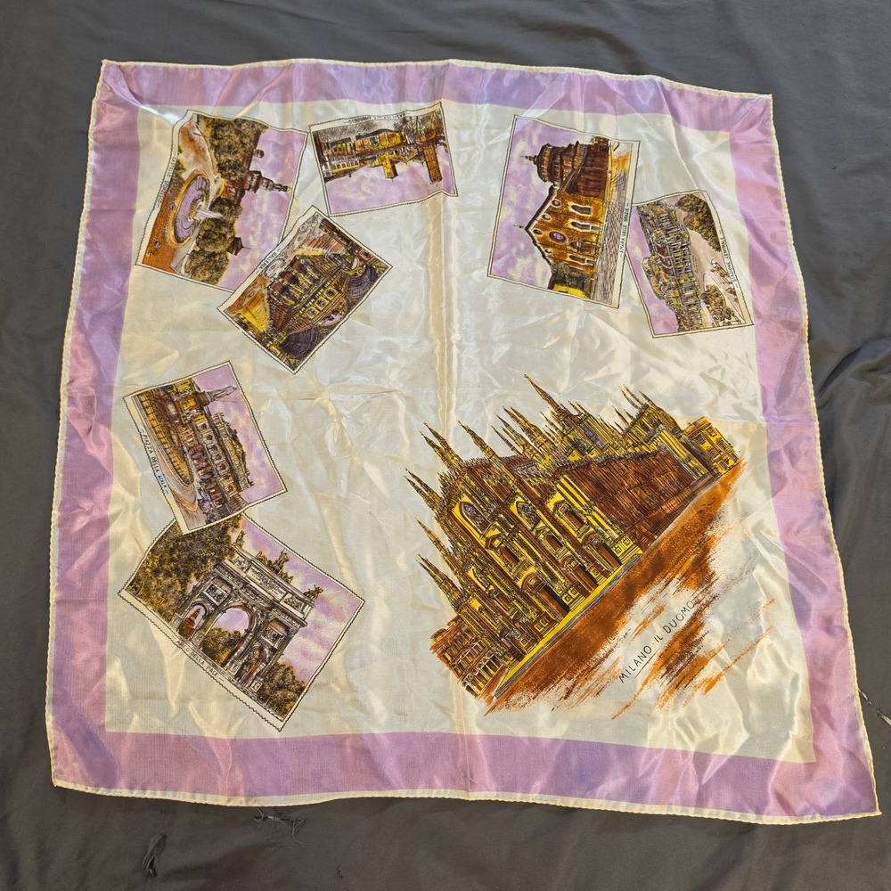 Vintage Milano Il Duomo Italy Souvenir Square Scarf Lavender Purple Border 31in